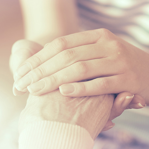 Companion holding hands with elderly member as homecare service