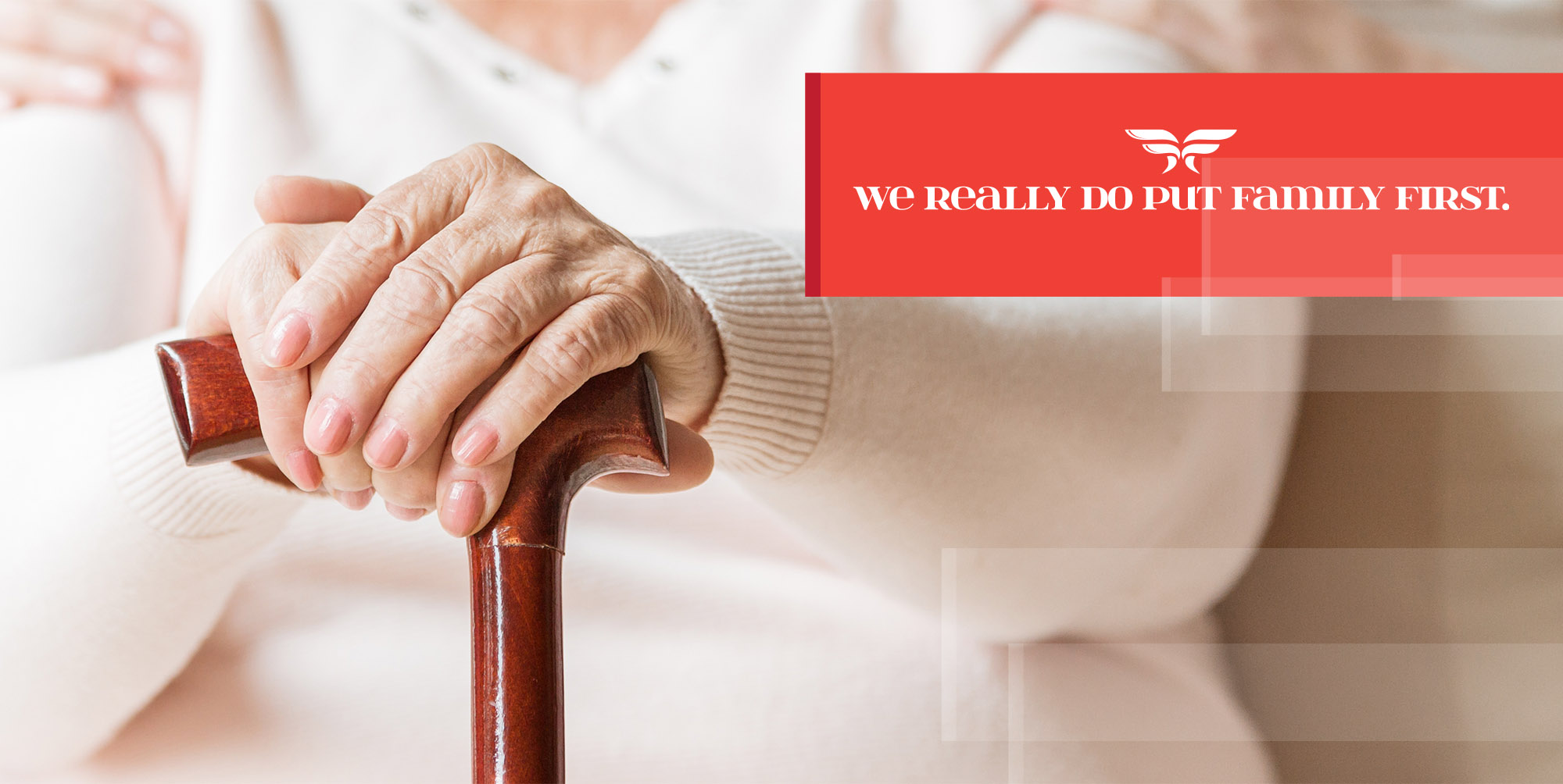 Advertisement of elderly woman holding cane